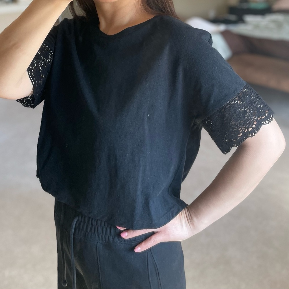 Zara Black Short Crochet Edge Details Sleeve Cropped Top- Size S